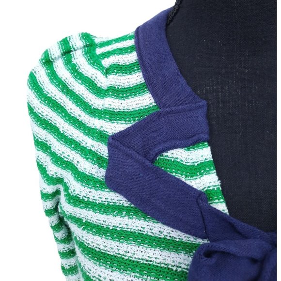 Anthropologie HWR Green White Striped Puff Sleeve Navy Blue Tie Neck Cardigan XS - Picture 3 of 11